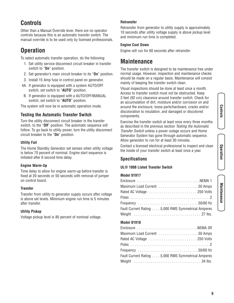 Controls, Operation, Testing the automatic transf | Maintenance, Specifications, Commandes, Fonctionnement, Mise à l'essai du commutateu, Entretien, Caractéristiques | Briggs & Stratton Switch User Manual | Page 9 / 40