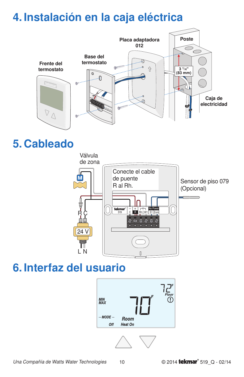 Instalación en la caja eléctrica 5. cableado, Interfaz del usuario | tekmar 519 Thermostat Quick Start User Manual | Page 10 / 12