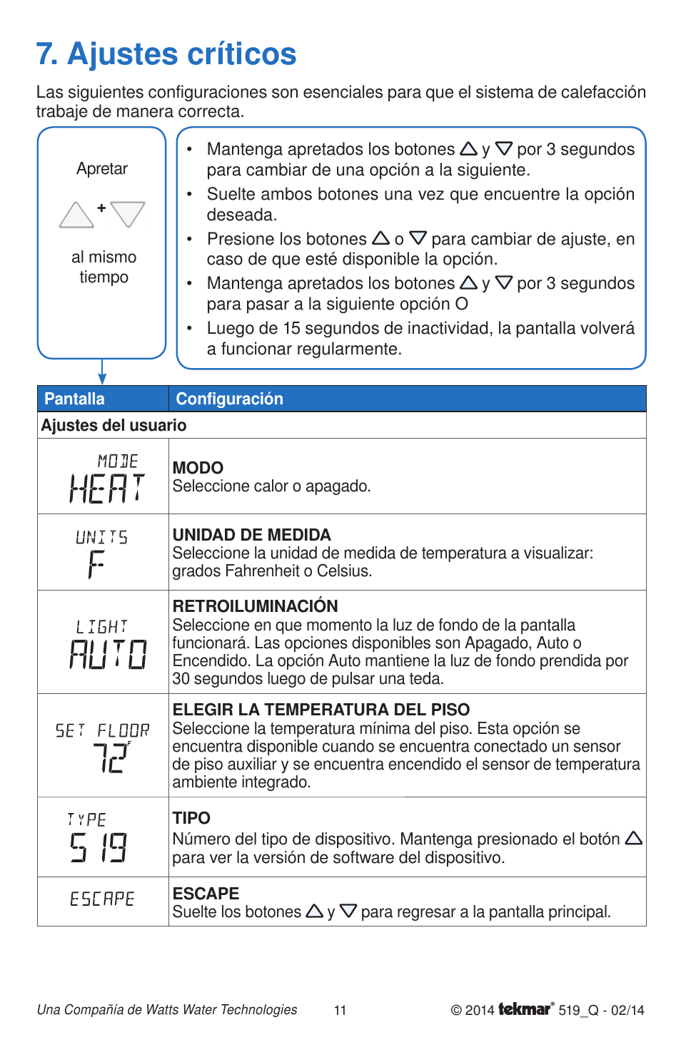 Ajustes críticos | tekmar 519 Thermostat Quick Start User Manual | Page 11 / 12