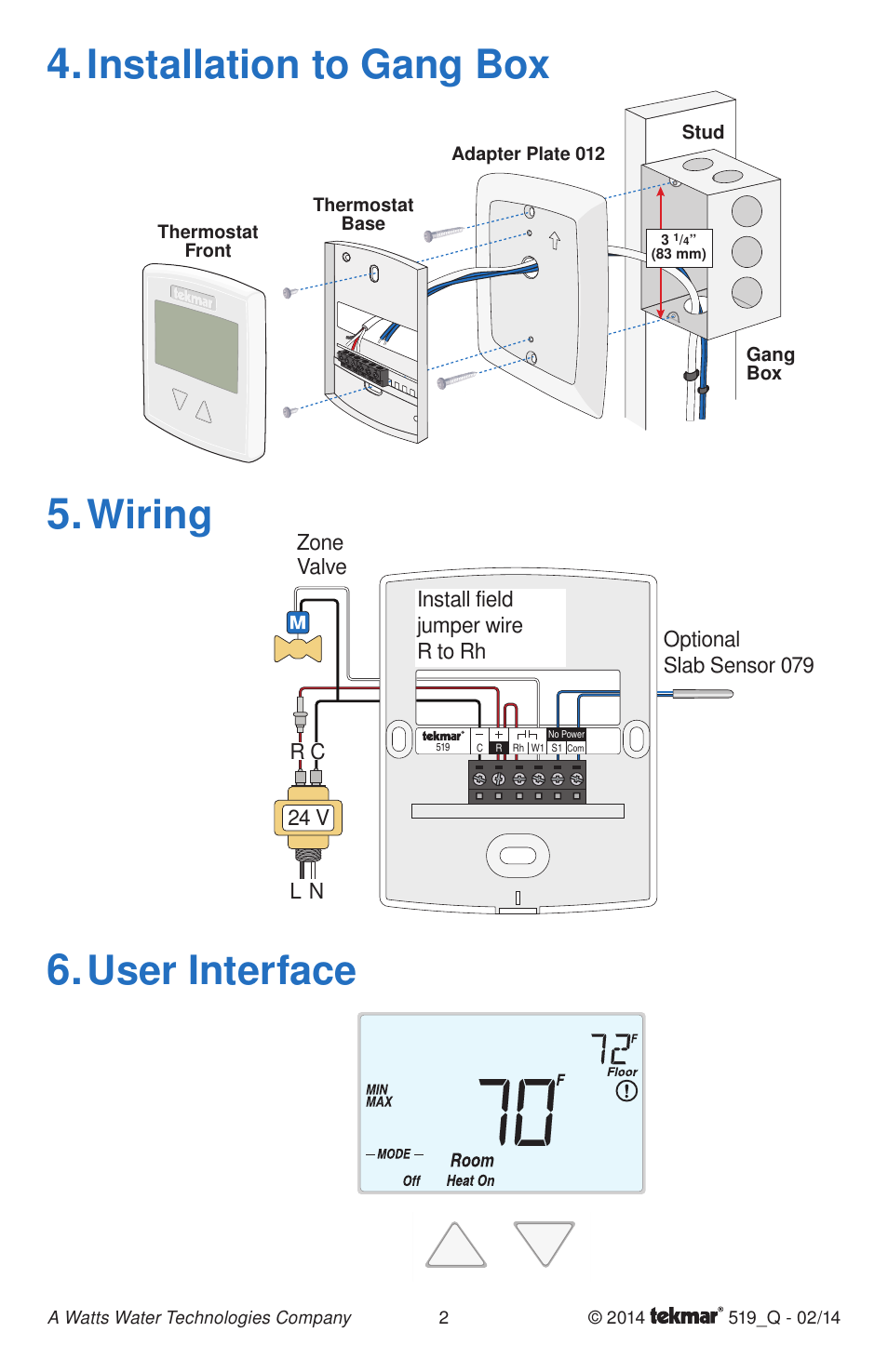 Installation to gang box, Wiring, User interface | tekmar 519 Thermostat Quick Start User Manual | Page 2 / 12
