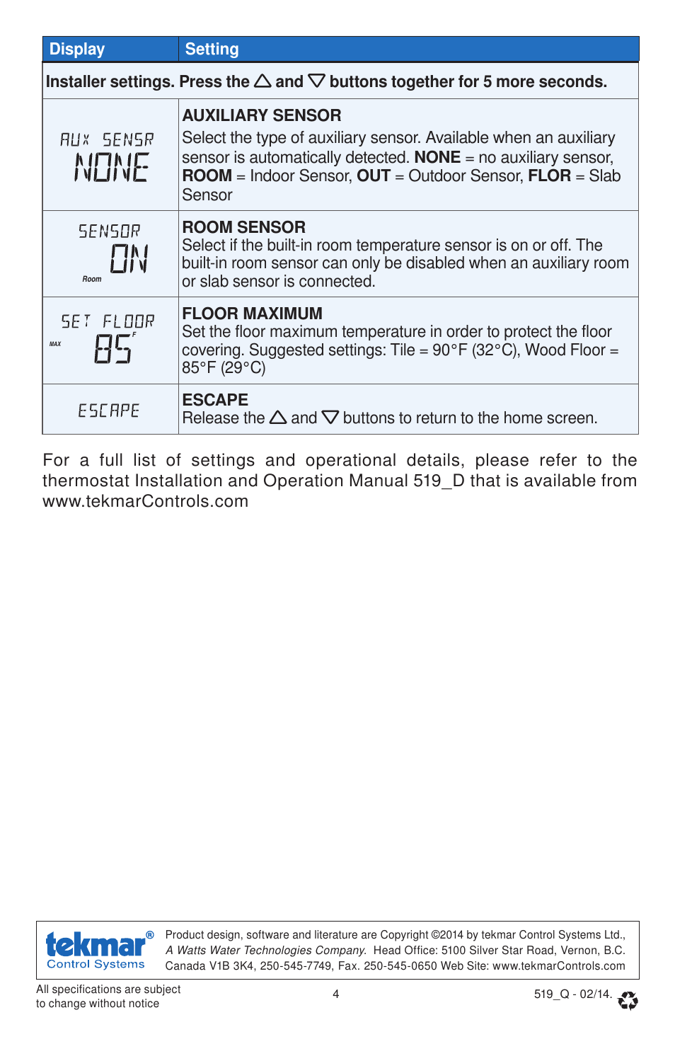 tekmar 519 Thermostat Quick Start User Manual | Page 4 / 12