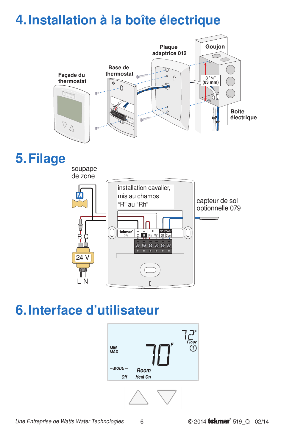 Installation à la boîte électrique, Filage, Interface d’utilisateur | tekmar 519 Thermostat Quick Start User Manual | Page 6 / 12