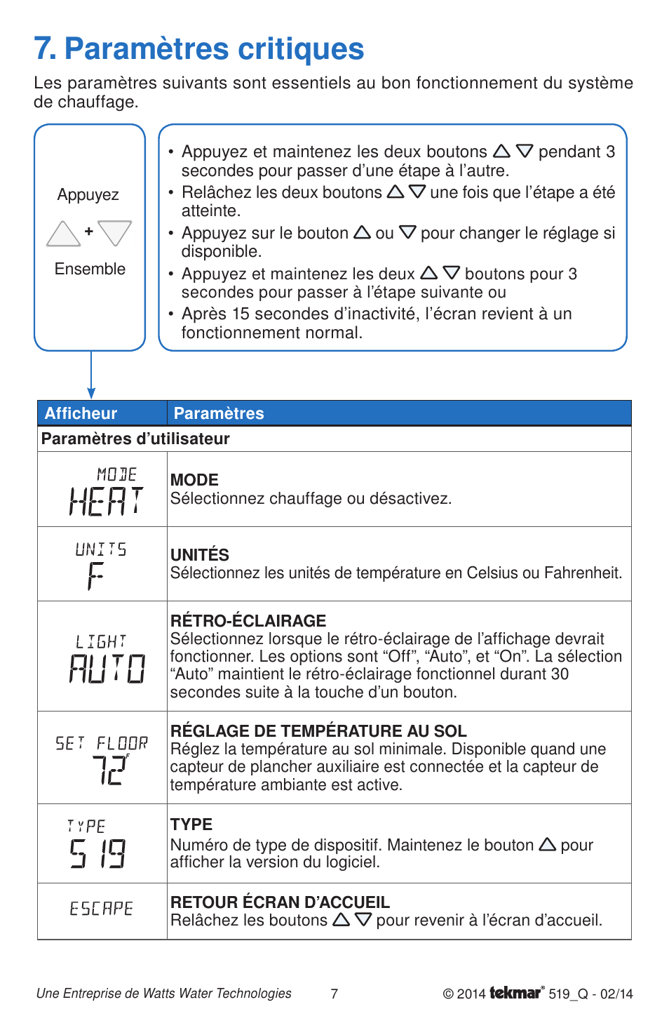 Paramètres critiques | tekmar 519 Thermostat Quick Start User Manual | Page 7 / 12