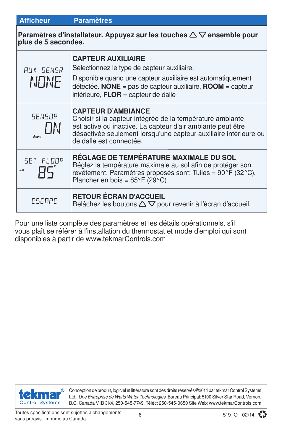 tekmar 519 Thermostat Quick Start User Manual | Page 8 / 12