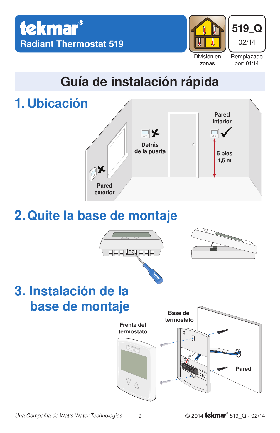 Ubicación, Quite la base de montaje, Instalación de la base de montaje | Guía de instalación rápida, 519_q, Radiant thermostat 519 | tekmar 519 Thermostat Quick Start User Manual | Page 9 / 12