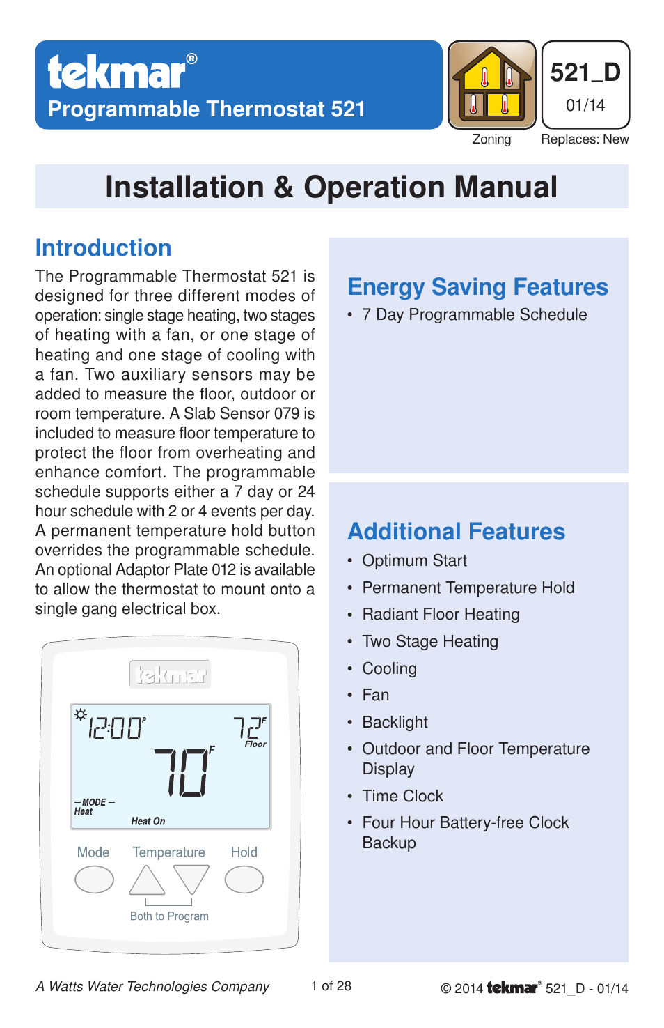 tekmar 521 Programmable Thermostat Installation User Manual | 28 pages