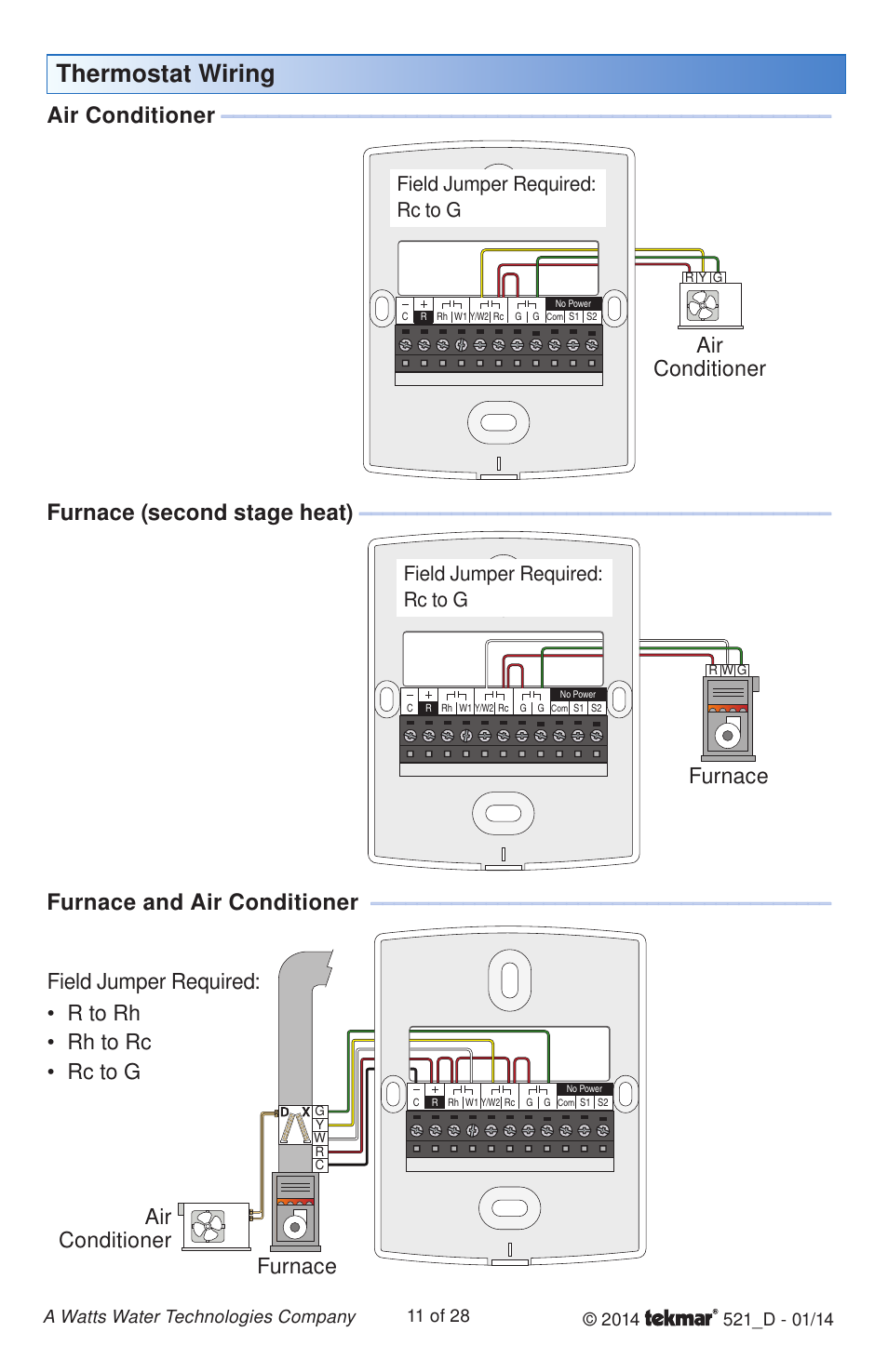 Thermostat wiring, Air conditioner, Furnace (second stage heat) | Furnace and air conditioner, Furnace, Field jumper required: rc to g | tekmar 521 Programmable Thermostat Installation User Manual | Page 11 / 28