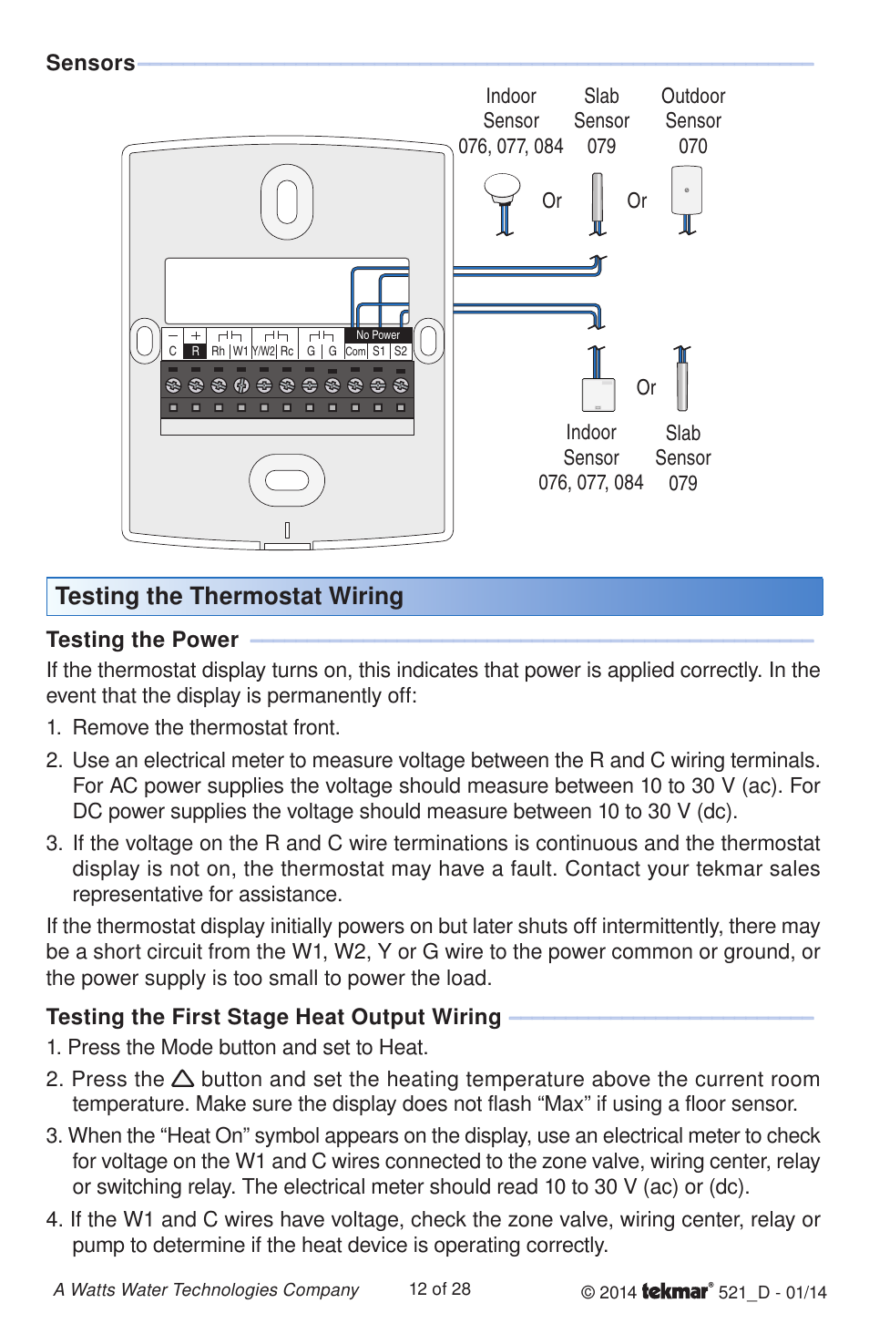 Testing the thermostat wiring | tekmar 521 Programmable Thermostat Installation User Manual | Page 12 / 28