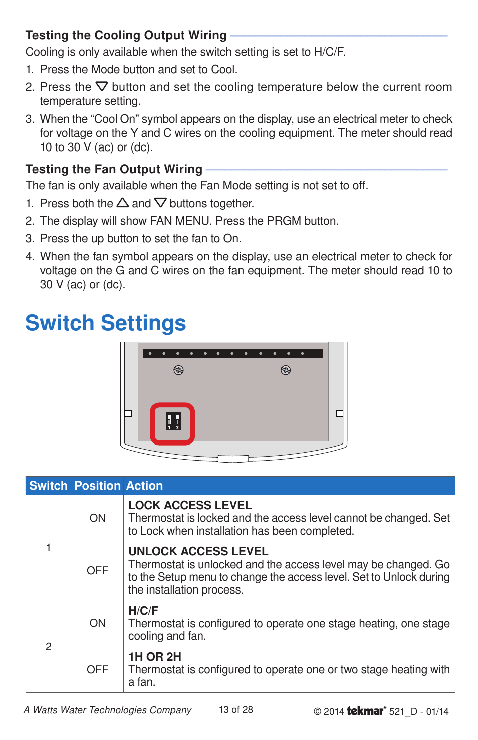 Switch settings | tekmar 521 Programmable Thermostat Installation User Manual | Page 13 / 28