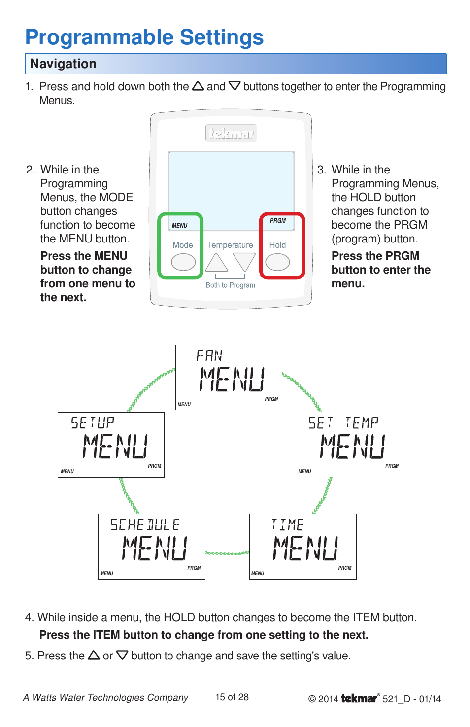 Programmable settings, Navigation | tekmar 521 Programmable Thermostat Installation User Manual | Page 15 / 28