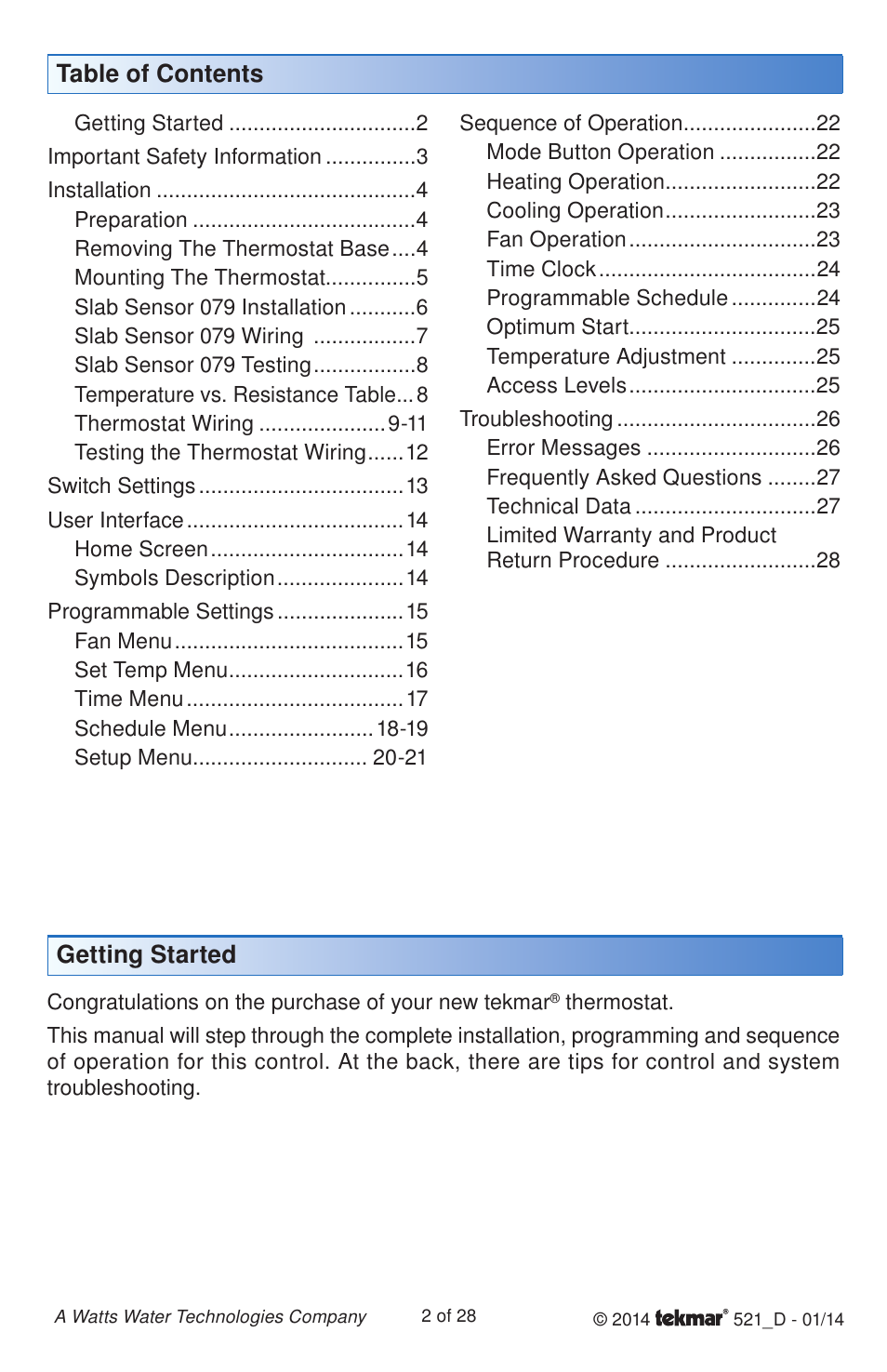 Getting started table of contents | tekmar 521 Programmable Thermostat Installation User Manual | Page 2 / 28