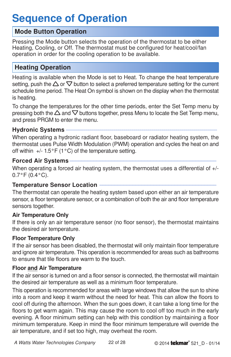 Sequence of operation | tekmar 521 Programmable Thermostat Installation User Manual | Page 22 / 28