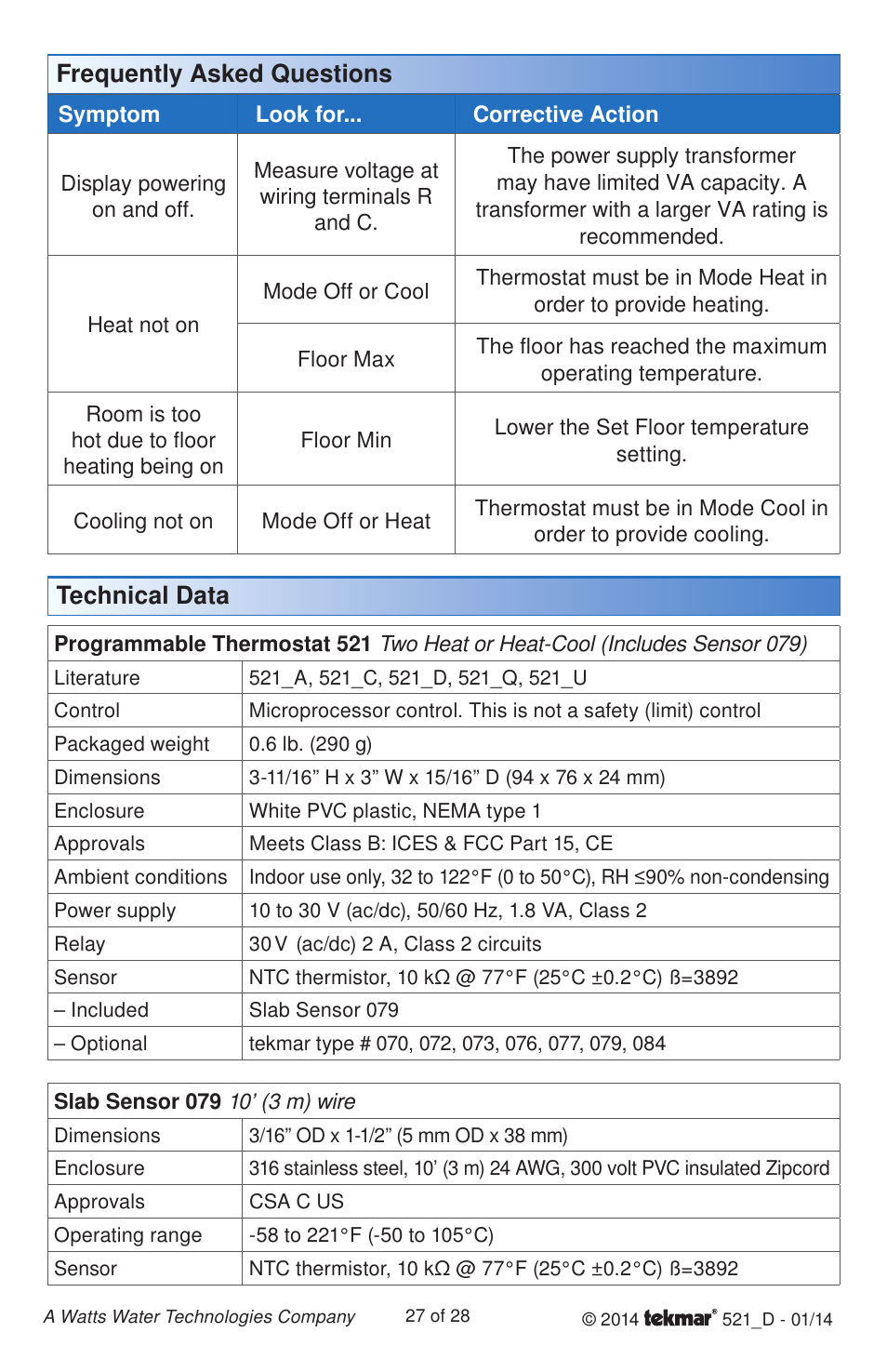 Technical data, Frequently asked questions | tekmar 521 Programmable Thermostat Installation User Manual | Page 27 / 28