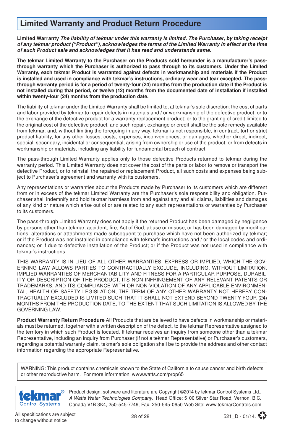 Limited warranty and product return procedure | tekmar 521 Programmable Thermostat Installation User Manual | Page 28 / 28