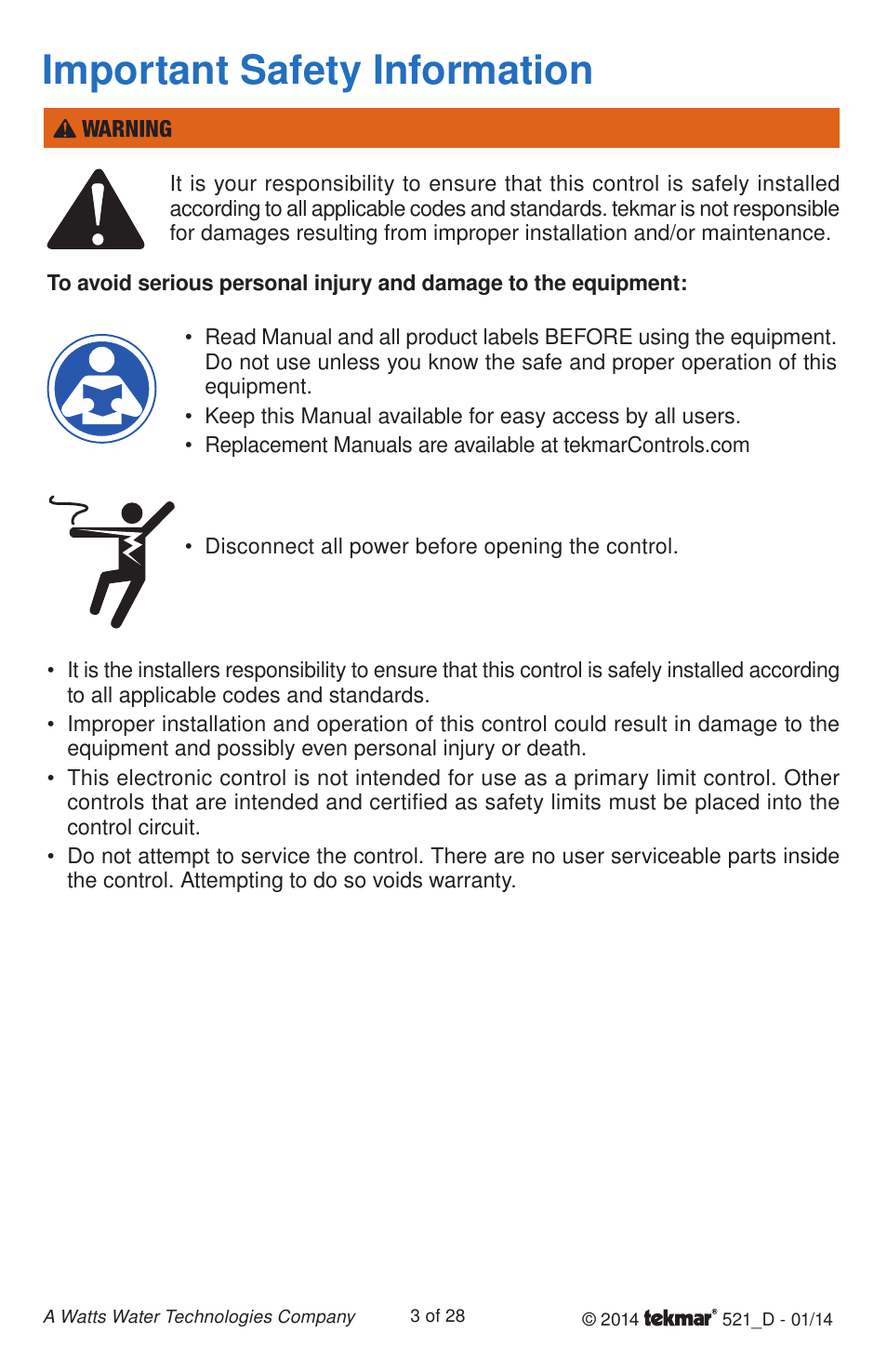 Important safety information | tekmar 521 Programmable Thermostat Installation User Manual | Page 3 / 28