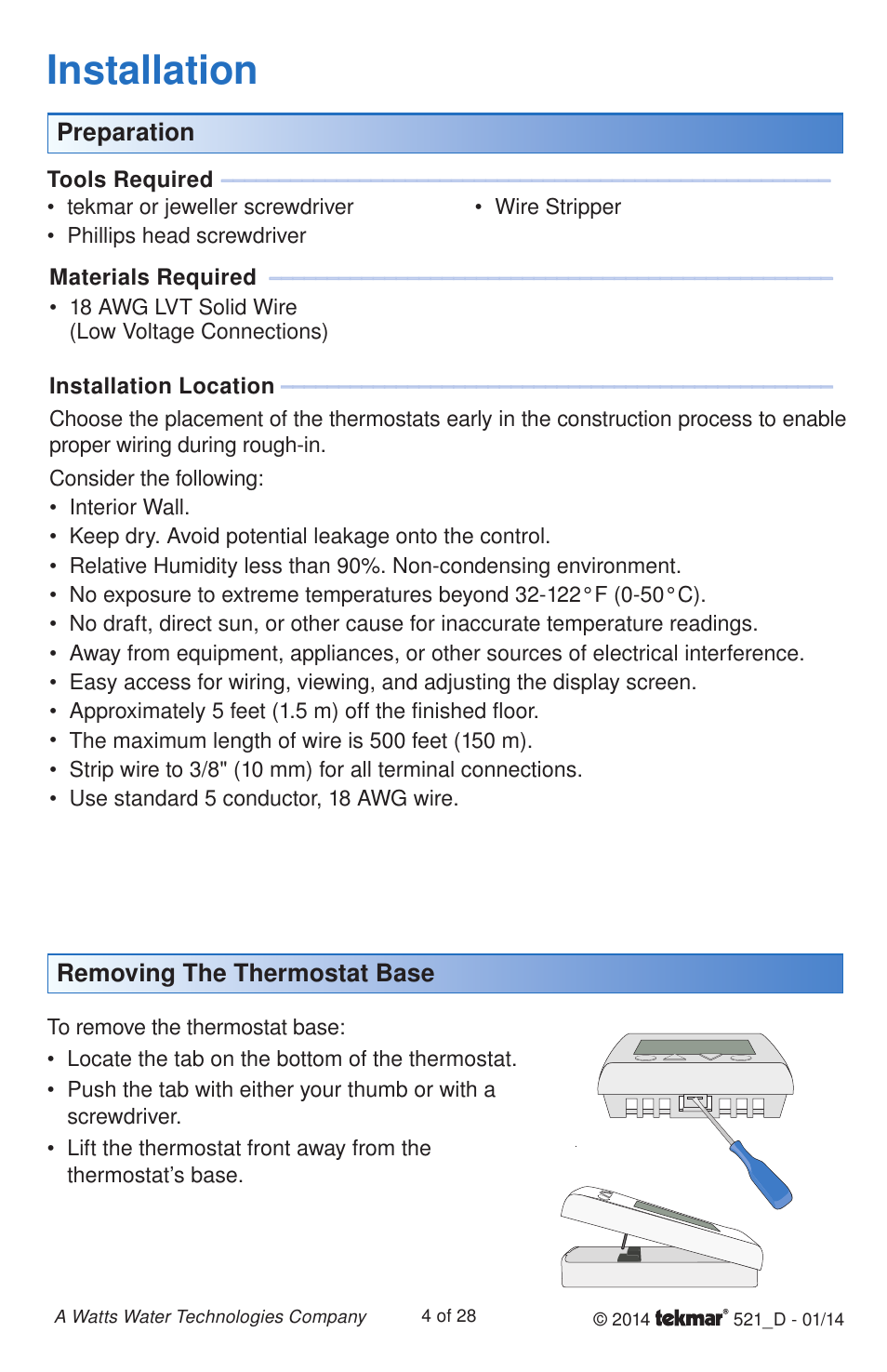 Installation | tekmar 521 Programmable Thermostat Installation User Manual | Page 4 / 28