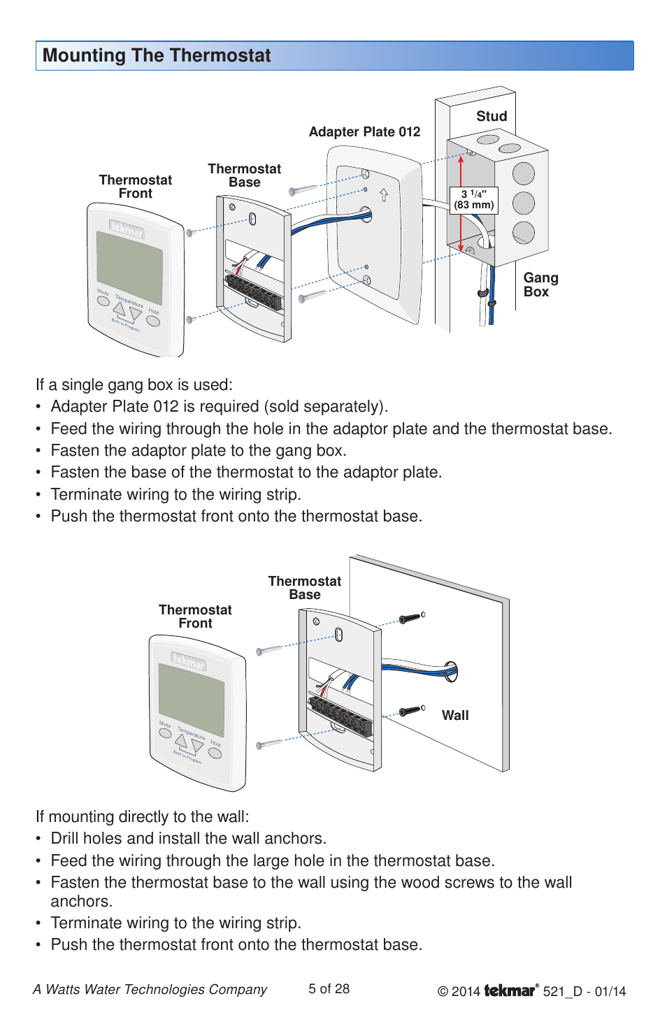 Mounting the thermostat | tekmar 521 Programmable Thermostat Installation User Manual | Page 5 / 28