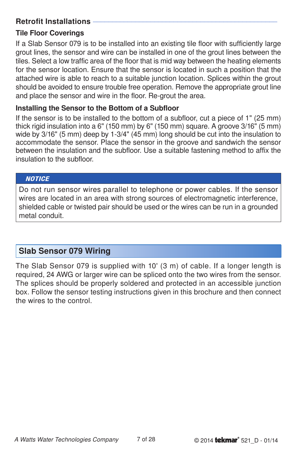 Slab sensor 079 wiring | tekmar 521 Programmable Thermostat Installation User Manual | Page 7 / 28