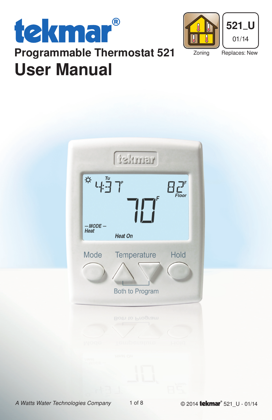 tekmar 521 Programmable Thermostat User Manuals User Manual | 8 pages