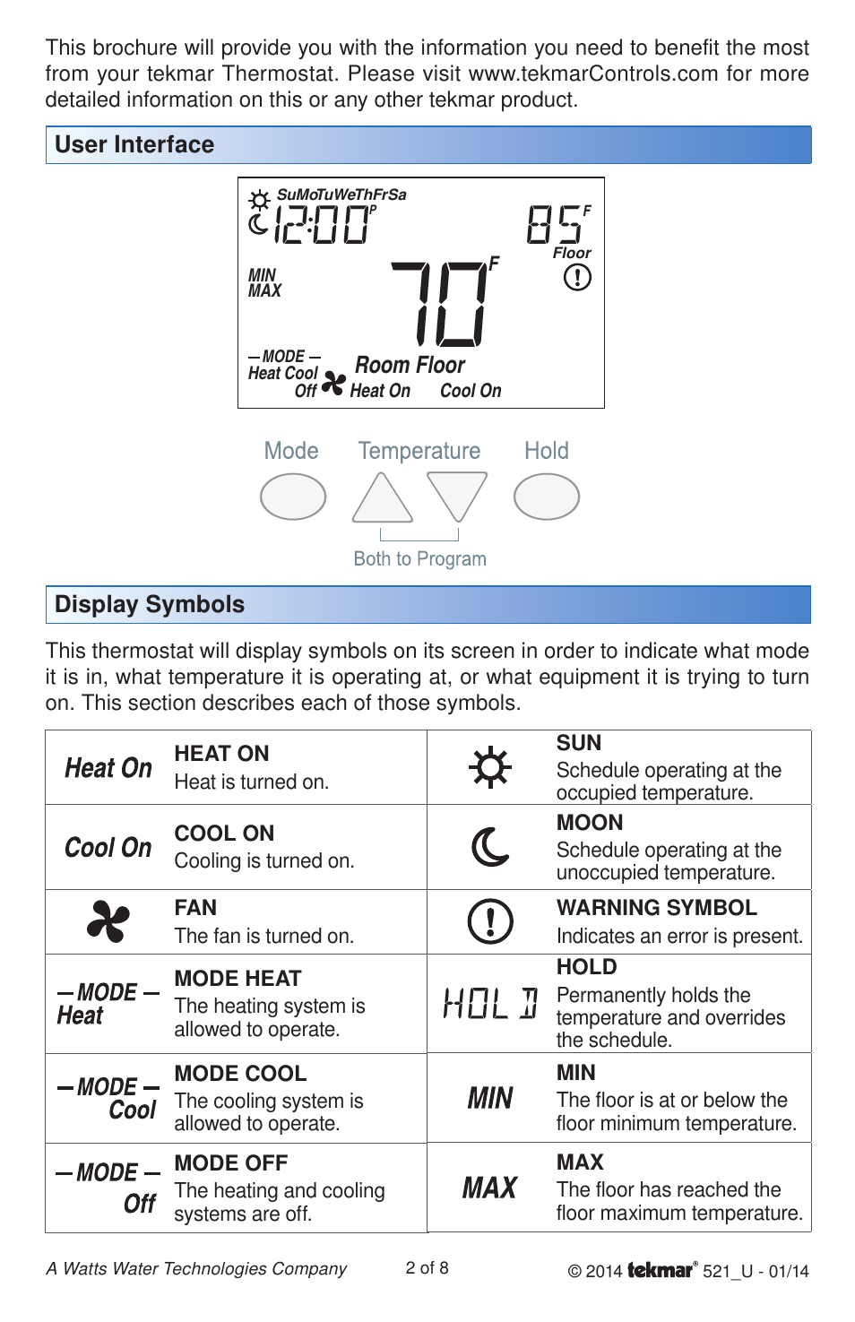 Room floor, Display symbols, User interface | tekmar 521 Programmable Thermostat User Manuals User Manual | Page 2 / 8