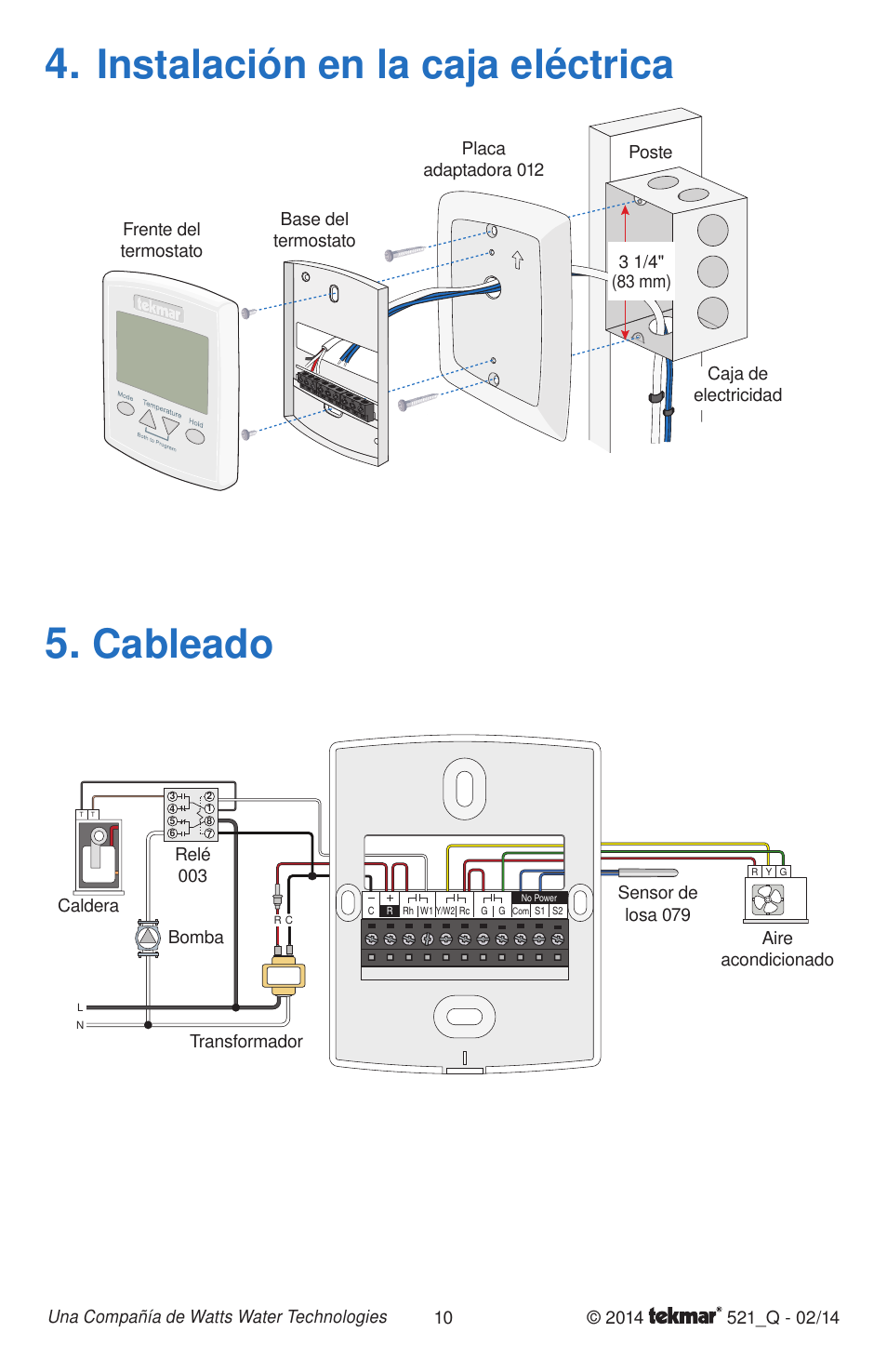 Instalación en la caja eléctrica, Cableado | tekmar 521 Programmable Thermostat Quick Start User Manual | Page 10 / 12