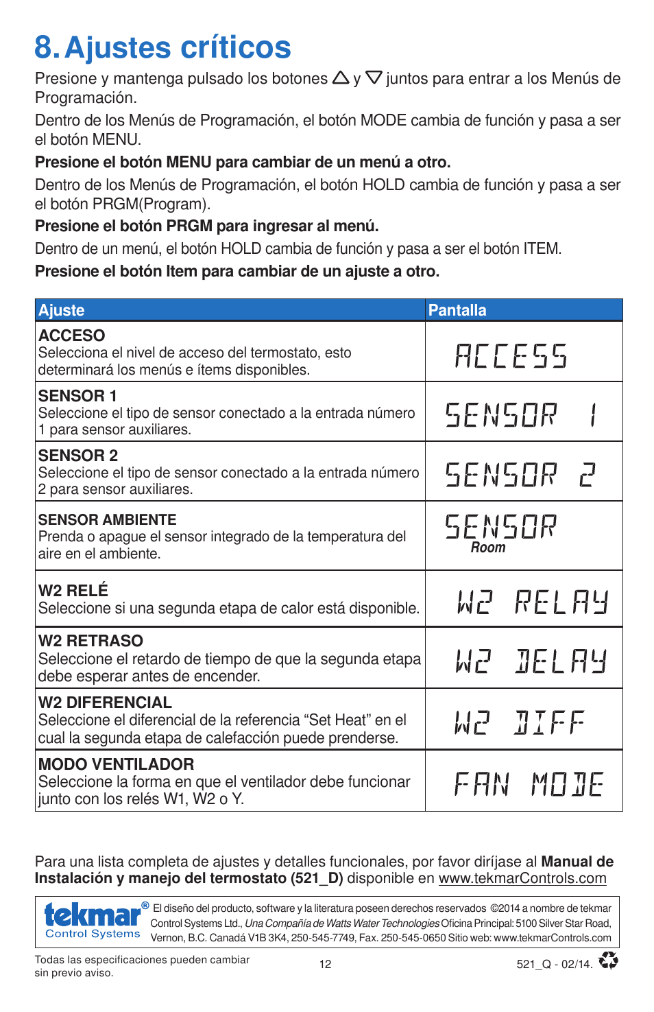 Críticos, Ajustes | tekmar 521 Programmable Thermostat Quick Start User Manual | Page 12 / 12