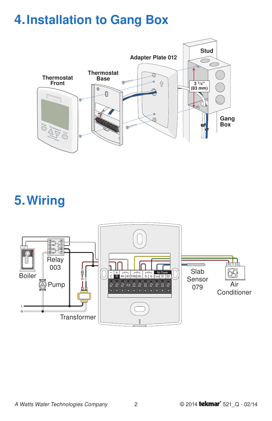 Installation to gang box, Wiring | tekmar 521 Programmable Thermostat Quick Start User Manual | Page 2 / 12