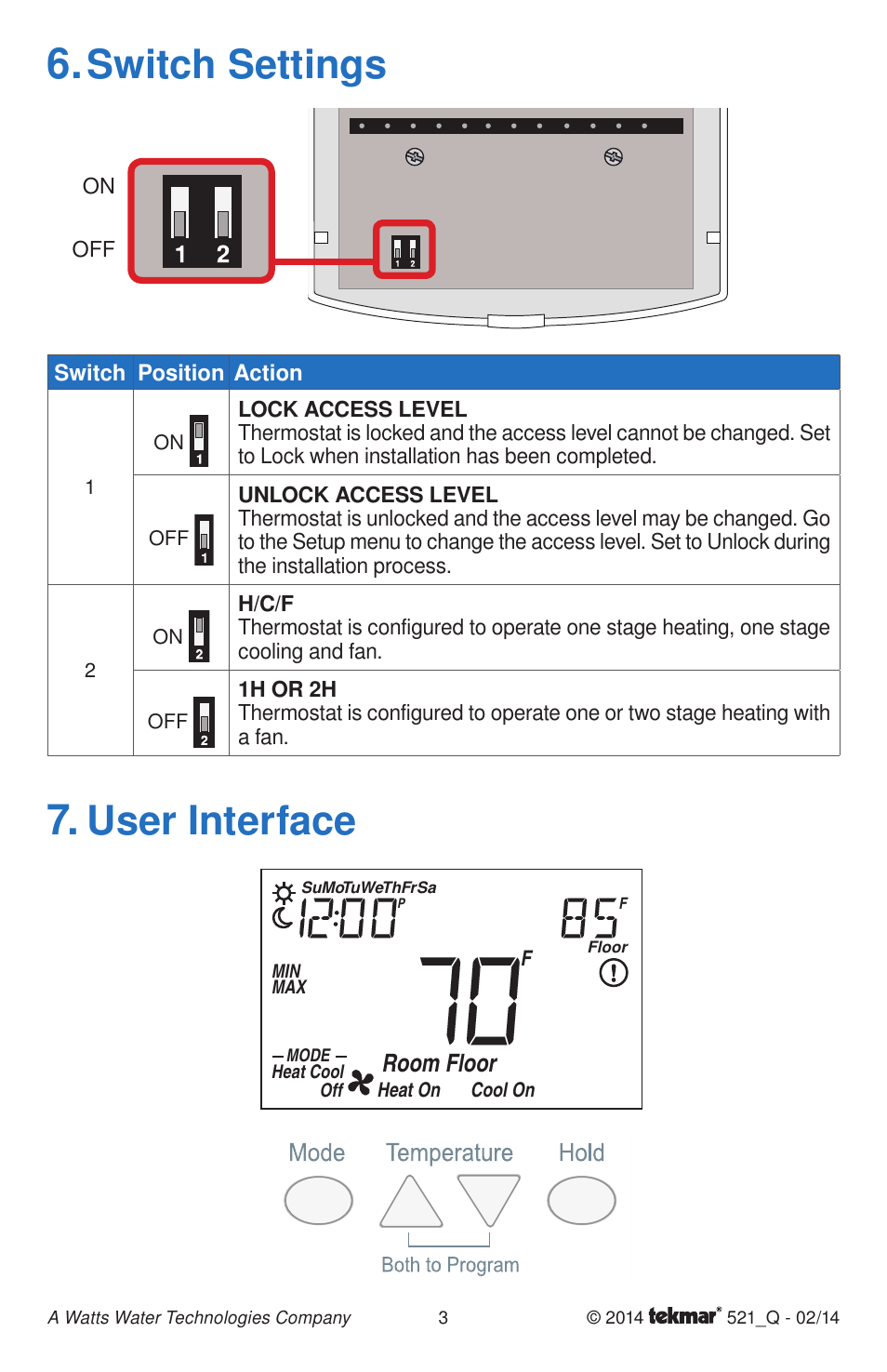 User interface, Switch settings, Room floor | tekmar 521 Programmable Thermostat Quick Start User Manual | Page 3 / 12