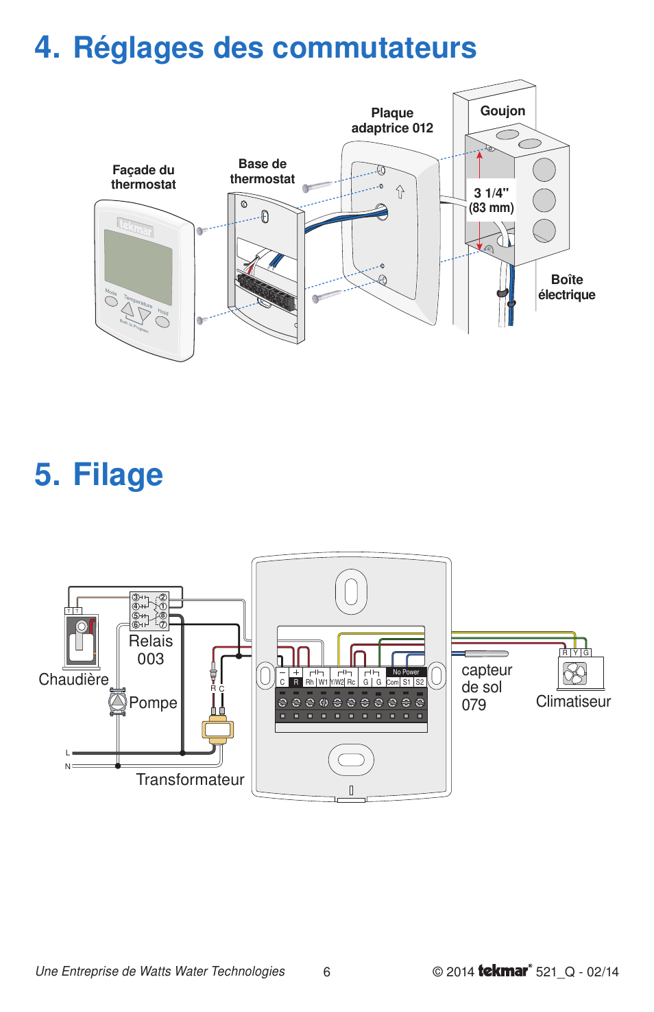 Filage, Réglages des commutateurs | tekmar 521 Programmable Thermostat Quick Start User Manual | Page 6 / 12