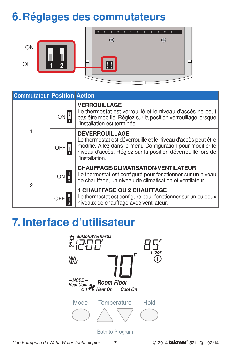 Interface d’utilisateur 6, Réglages des commutateurs, Room floor | tekmar 521 Programmable Thermostat Quick Start User Manual | Page 7 / 12