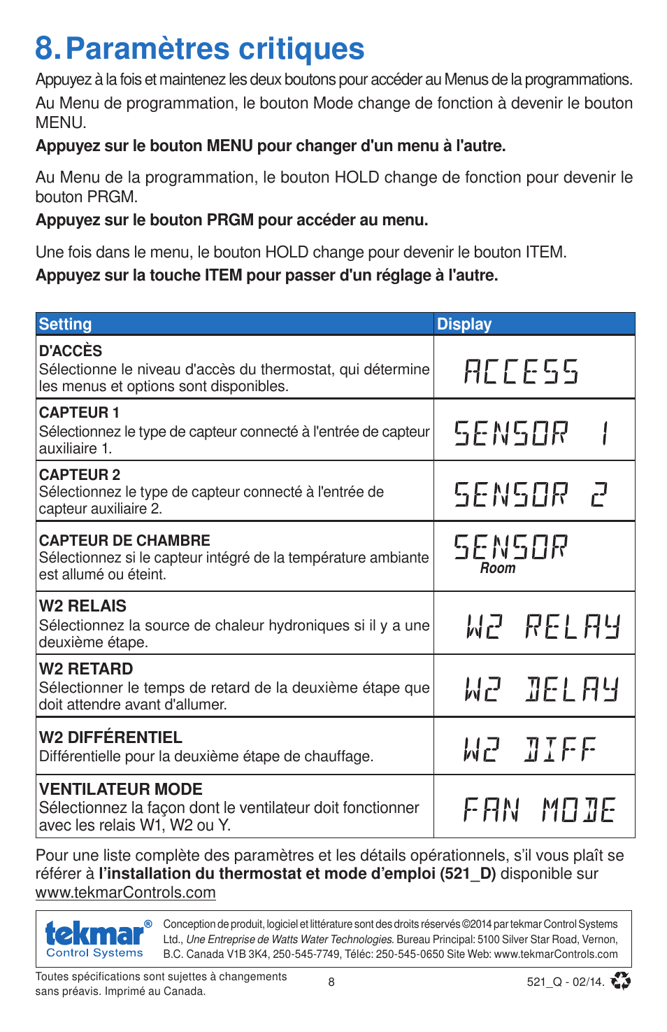 Paramètres critiques | tekmar 521 Programmable Thermostat Quick Start User Manual | Page 8 / 12