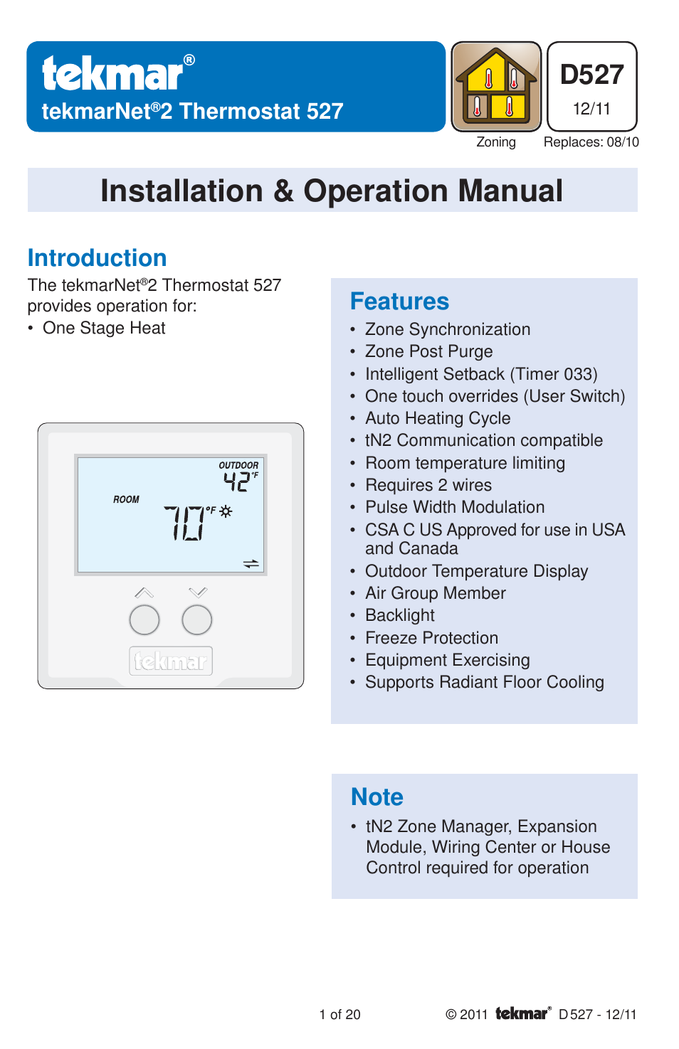 tekmar 527 Thermostat Installation User Manual | 20 pages