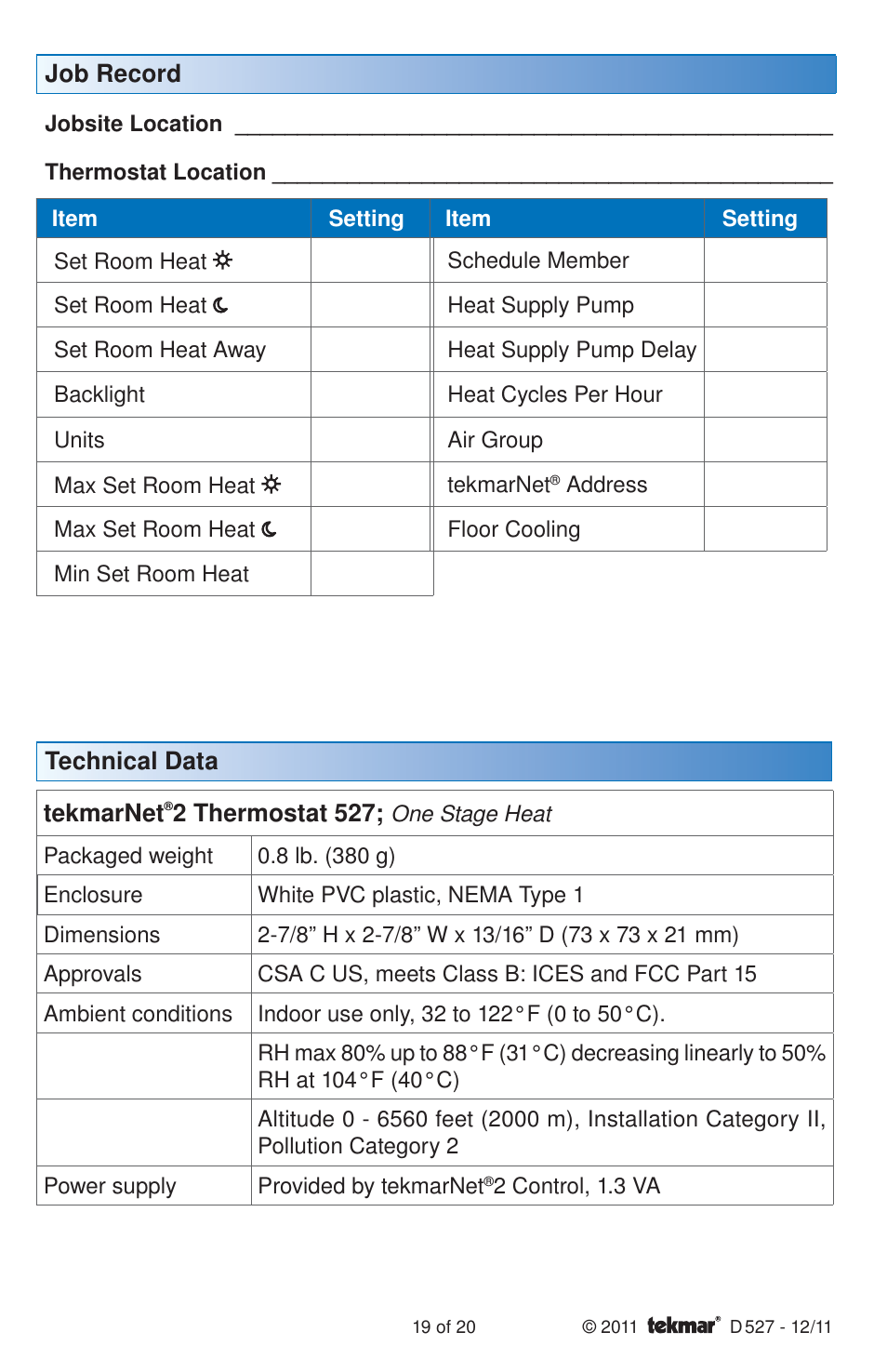 tekmar 527 Thermostat Installation User Manual | Page 19 / 20