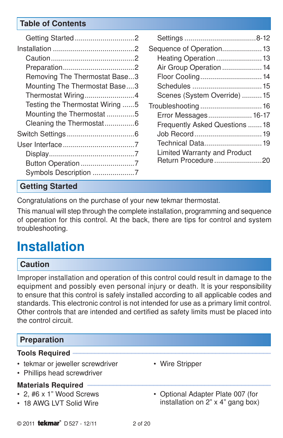 Installation | tekmar 527 Thermostat Installation User Manual | Page 2 / 20