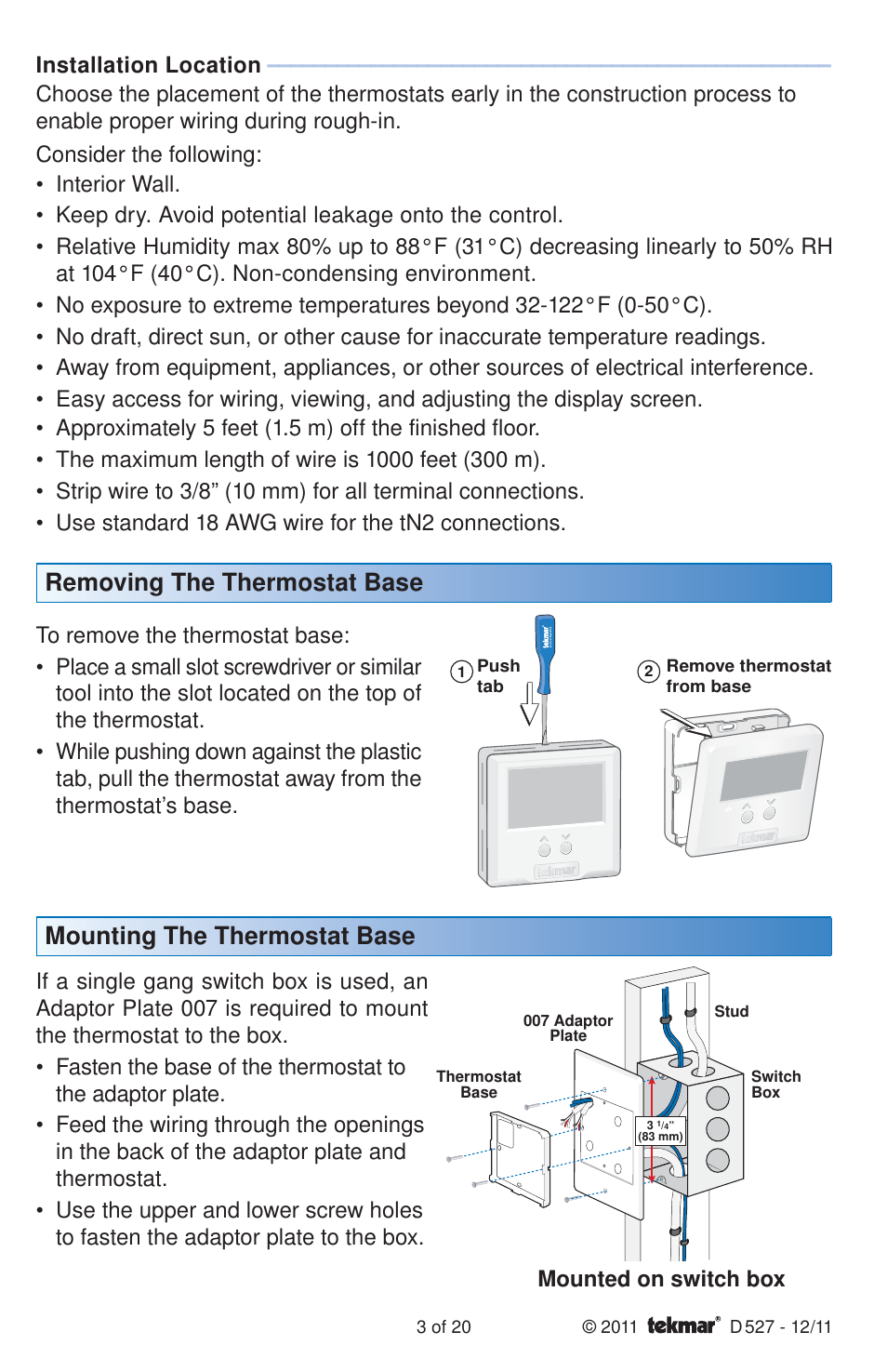 Removing the thermostat base, Mounting the thermostat base | tekmar 527 Thermostat Installation User Manual | Page 3 / 20