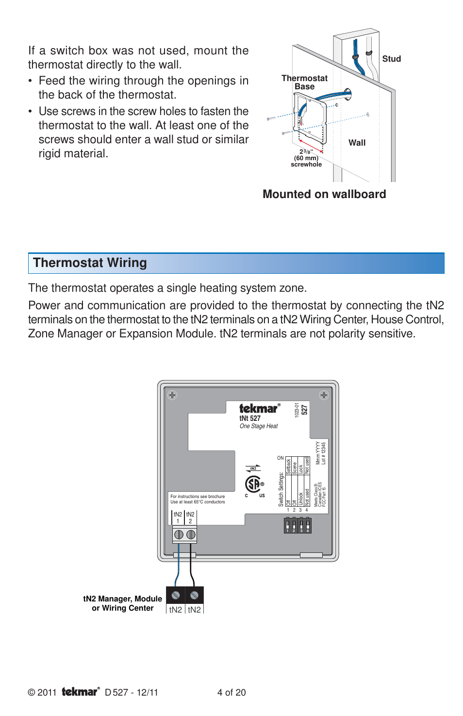 Thermostat wiring, Mounted on wallboard, Stud | Thermostat base wall, Tn2 tn2 | tekmar 527 Thermostat Installation User Manual | Page 4 / 20