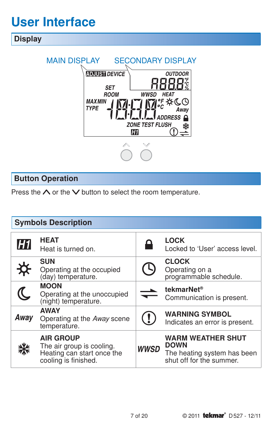 User interface | tekmar 527 Thermostat Installation User Manual | Page 7 / 20