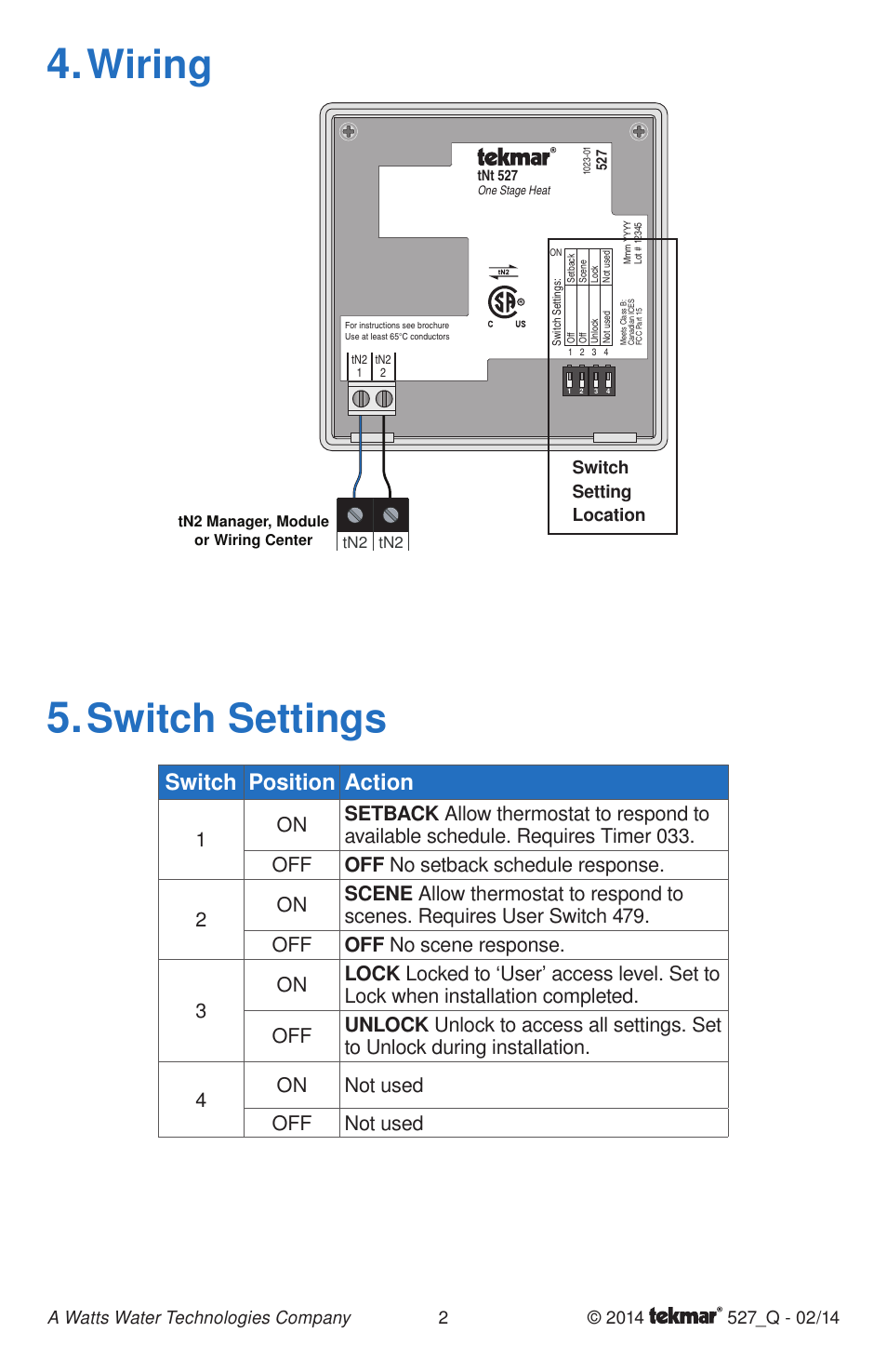 Wiring, Switch settings, Switch position action | tekmar 527 Thermostat Quick Start User Manual | Page 2 / 12