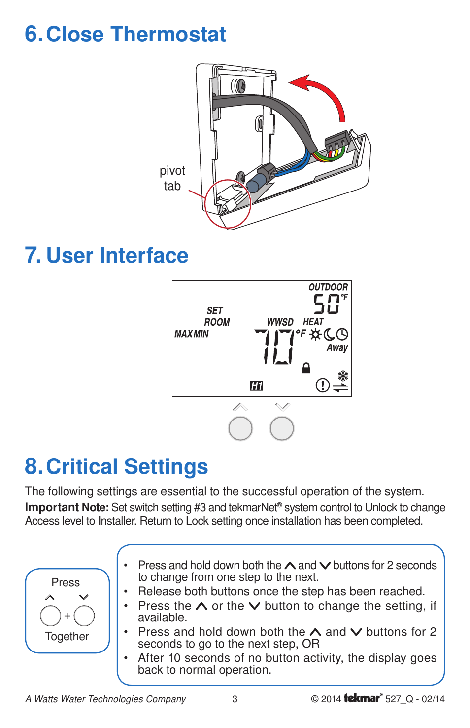 User interface, Close thermostat, Critical settings | tekmar 527 Thermostat Quick Start User Manual | Page 3 / 12