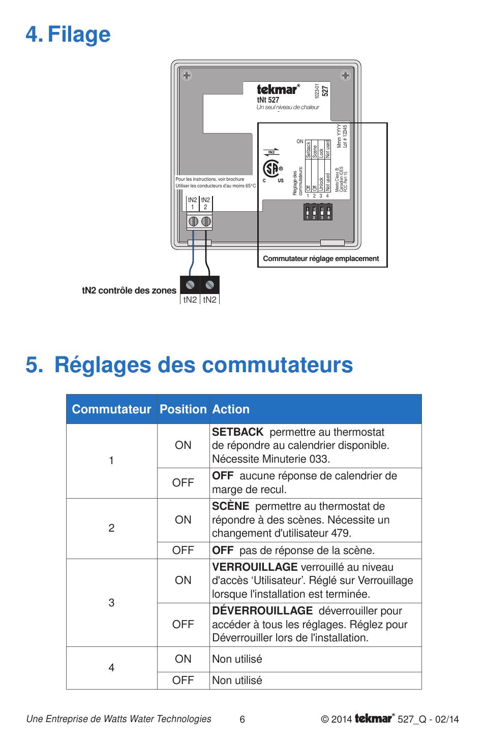 Filage 5. réglages des commutateurs, Commutateur position action, Tn2 contrôle des zones | tekmar 527 Thermostat Quick Start User Manual | Page 6 / 12