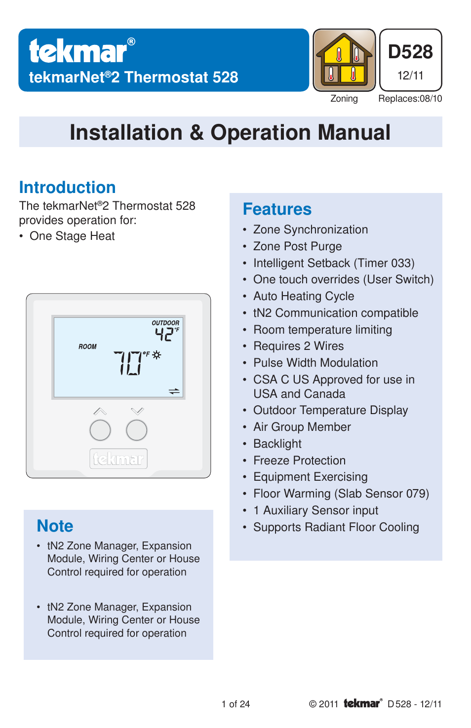 tekmar 528 Thermostat Installation User Manual | 24 pages