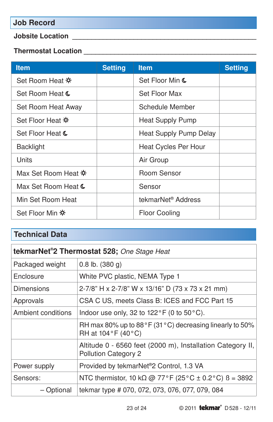 tekmar 528 Thermostat Installation User Manual | Page 23 / 24