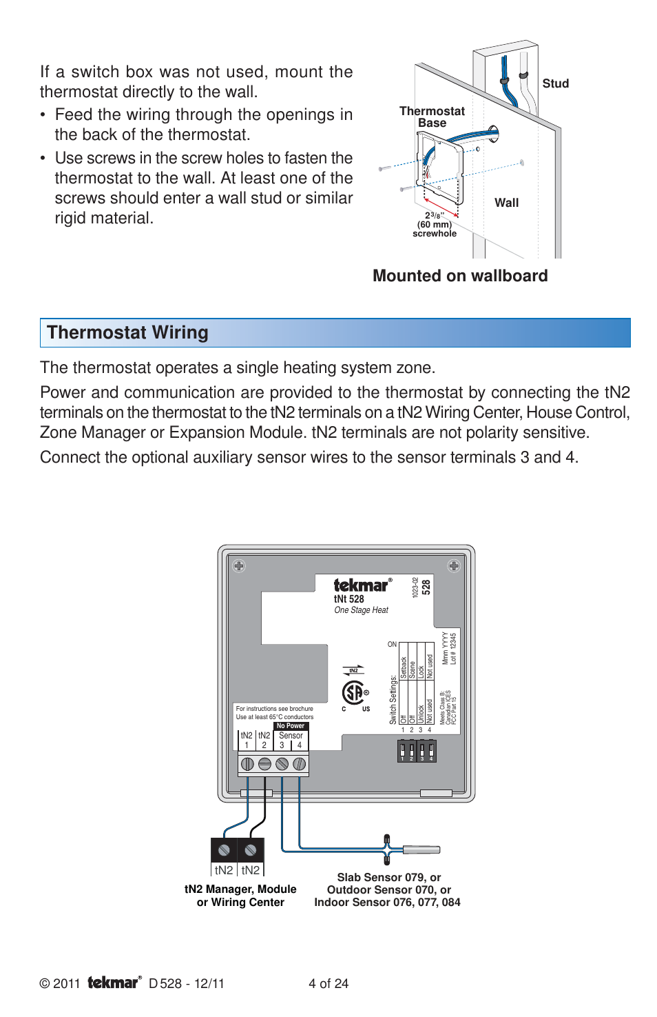 Thermostat wiring, Mounted on wallboard, Stud | Thermostat base wall, Tn2 tn2 | tekmar 528 Thermostat Installation User Manual | Page 4 / 24