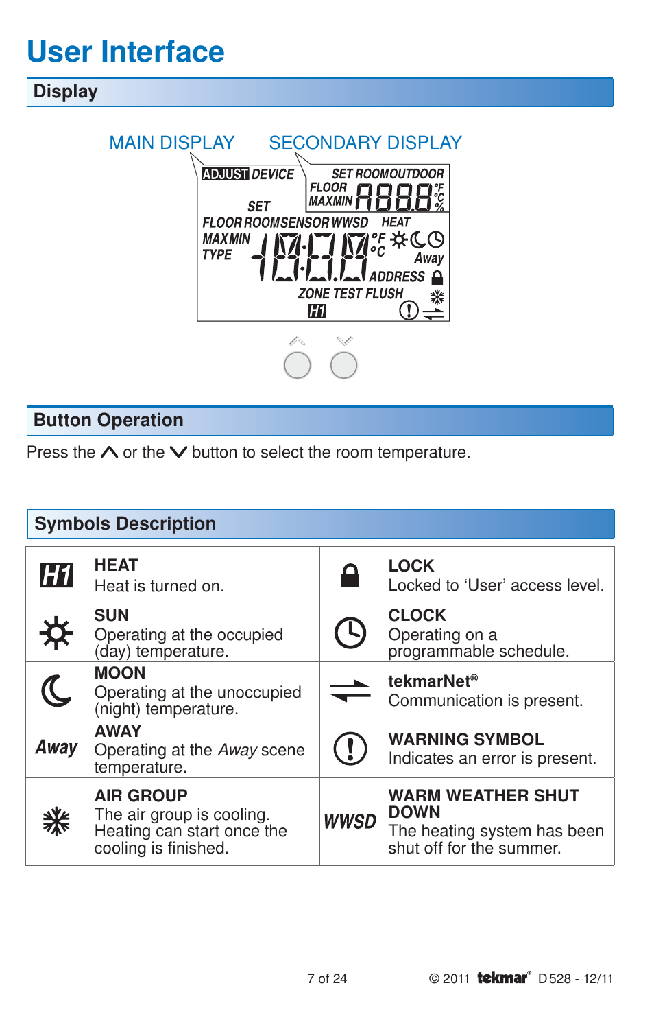 User interface | tekmar 528 Thermostat Installation User Manual | Page 7 / 24