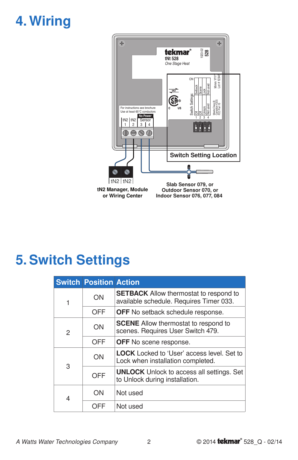 Wiring 5. switch settings, Switch position action, Switch setting location | tekmar 528 Thermostat Quick Start User Manual | Page 2 / 12