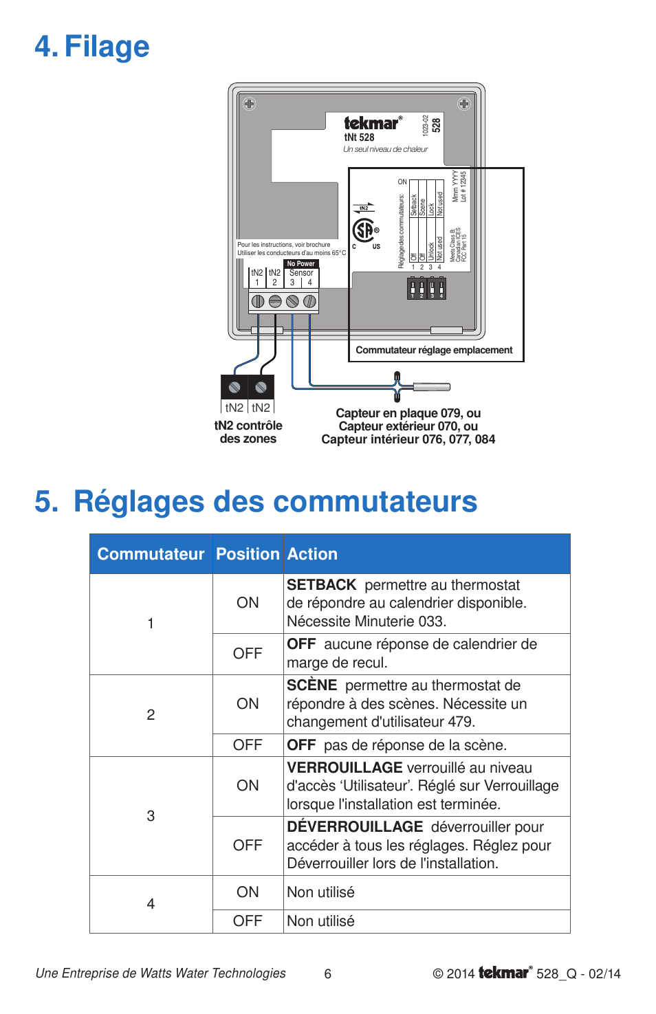 Filage 5. réglages des commutateurs, Commutateur position action, Tn2 contrôle des zones | tekmar 528 Thermostat Quick Start User Manual | Page 6 / 12
