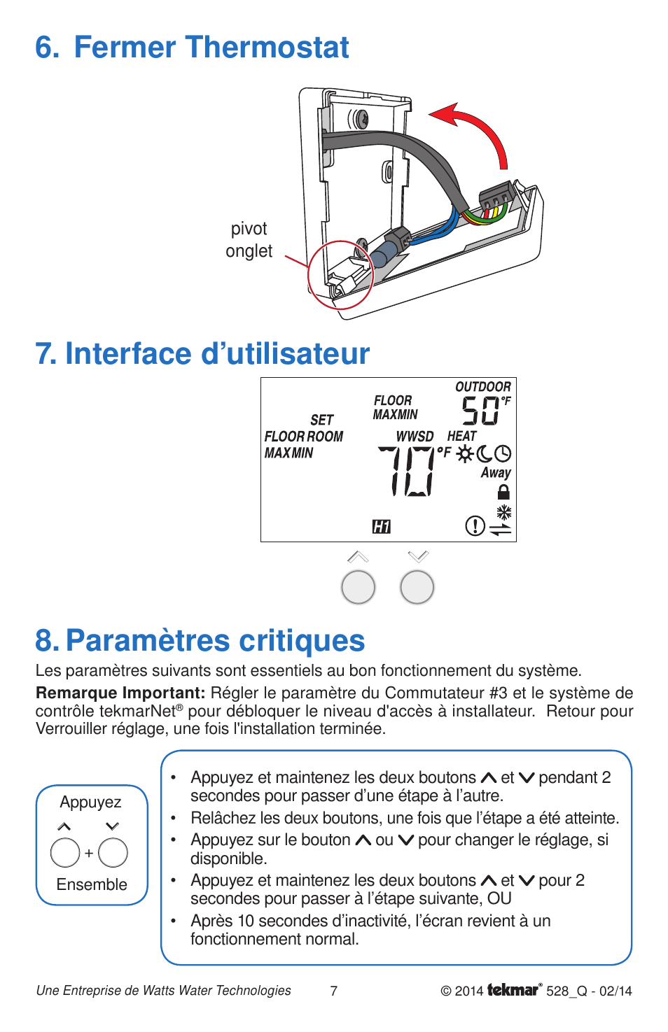 Fermer thermostat, Paramètres critiques, Interface d’utilisateur | tekmar 528 Thermostat Quick Start User Manual | Page 7 / 12
