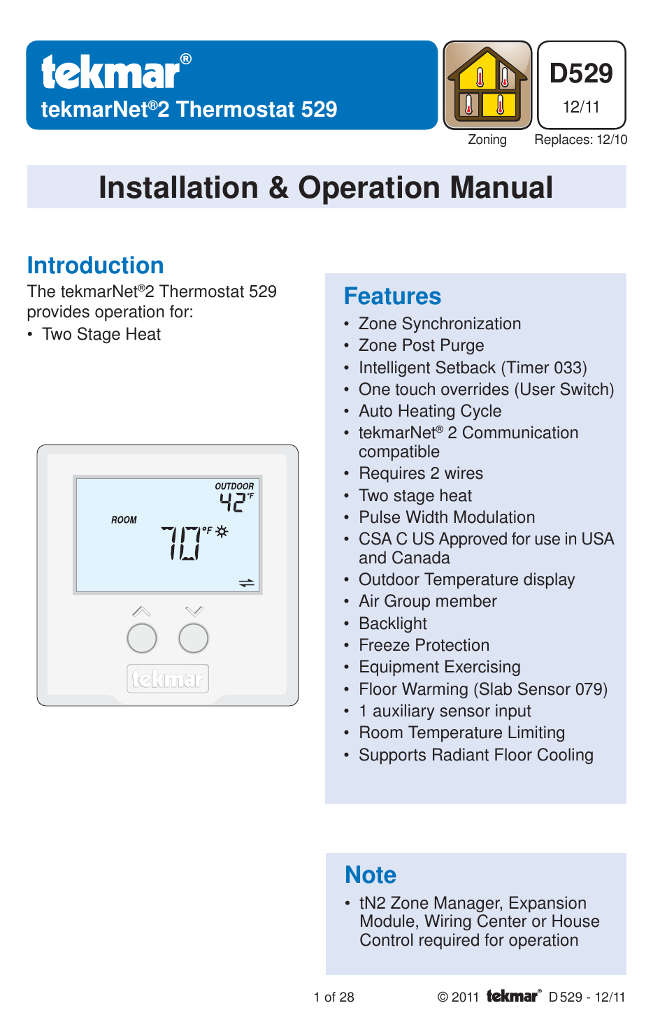 tekmar 529 Thermostat Installation User Manual | 28 pages