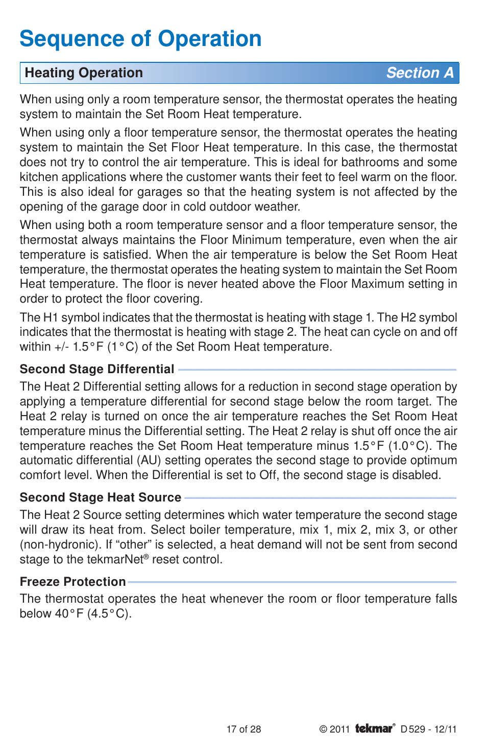 Sequence of operation | tekmar 529 Thermostat Installation User Manual | Page 17 / 28