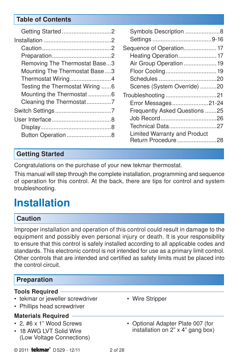 Installation | tekmar 529 Thermostat Installation User Manual | Page 2 / 28